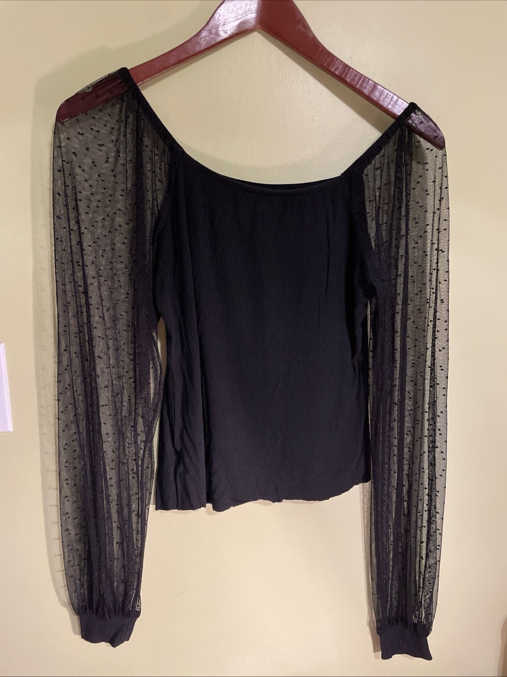 Do rose Black Ribbed Top with Sheer Dotted Sleeves